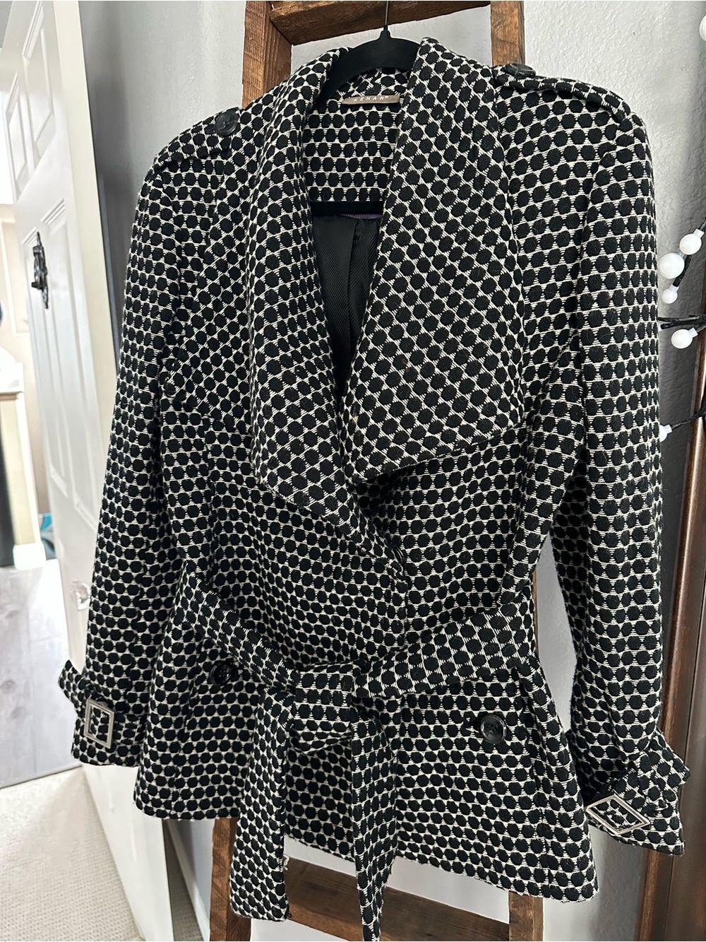 Kenar Black & White Patterned Belted Trench Jacket Size 12 - Picture 12 of 15